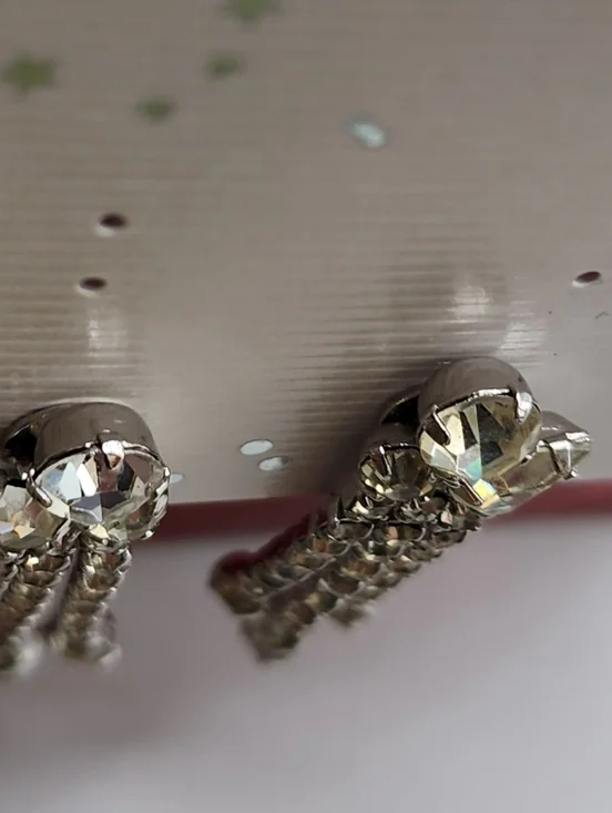 Vintage Crystal Dangle Rhinestone Clip-on Three Strand Sparkle Bling - Picture 5 of 8